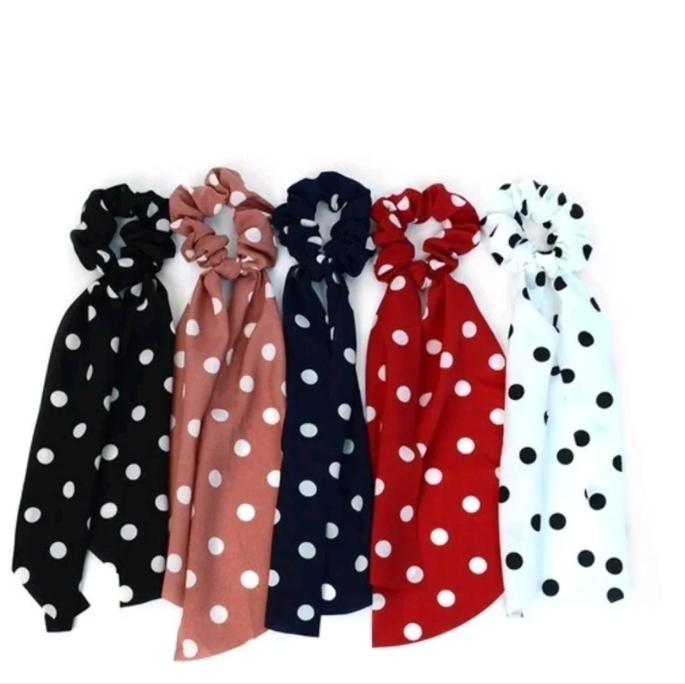 Navy Polka Dot Hair Scarf 6 Ribbon Hair Tie Bundle